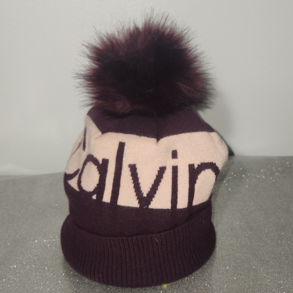 Calvin Klein Purple Knit Beanie with Pom Pom
